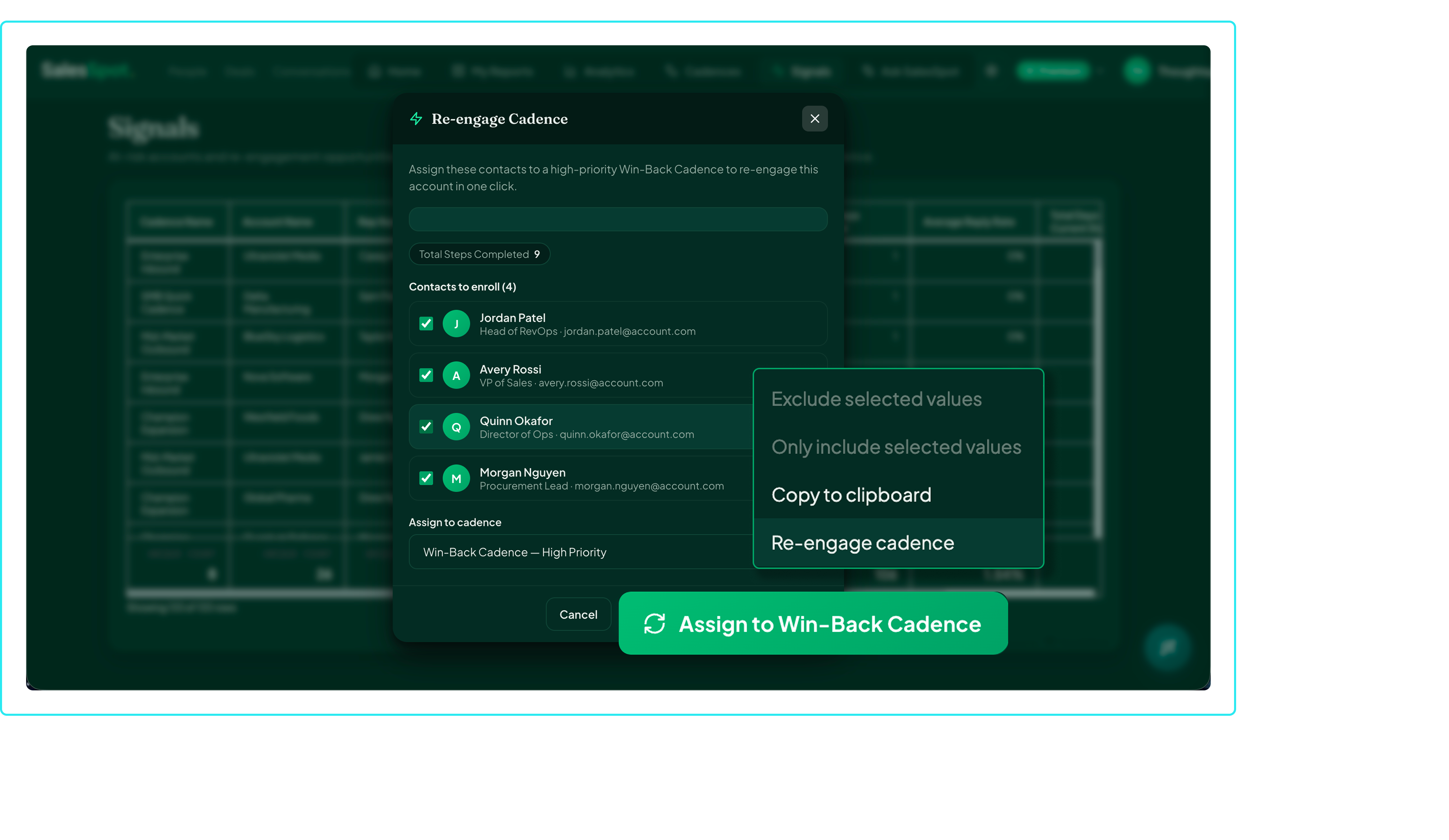 SalesSpot dialog assigning selected contacts to a win-back cadence from an analytics view