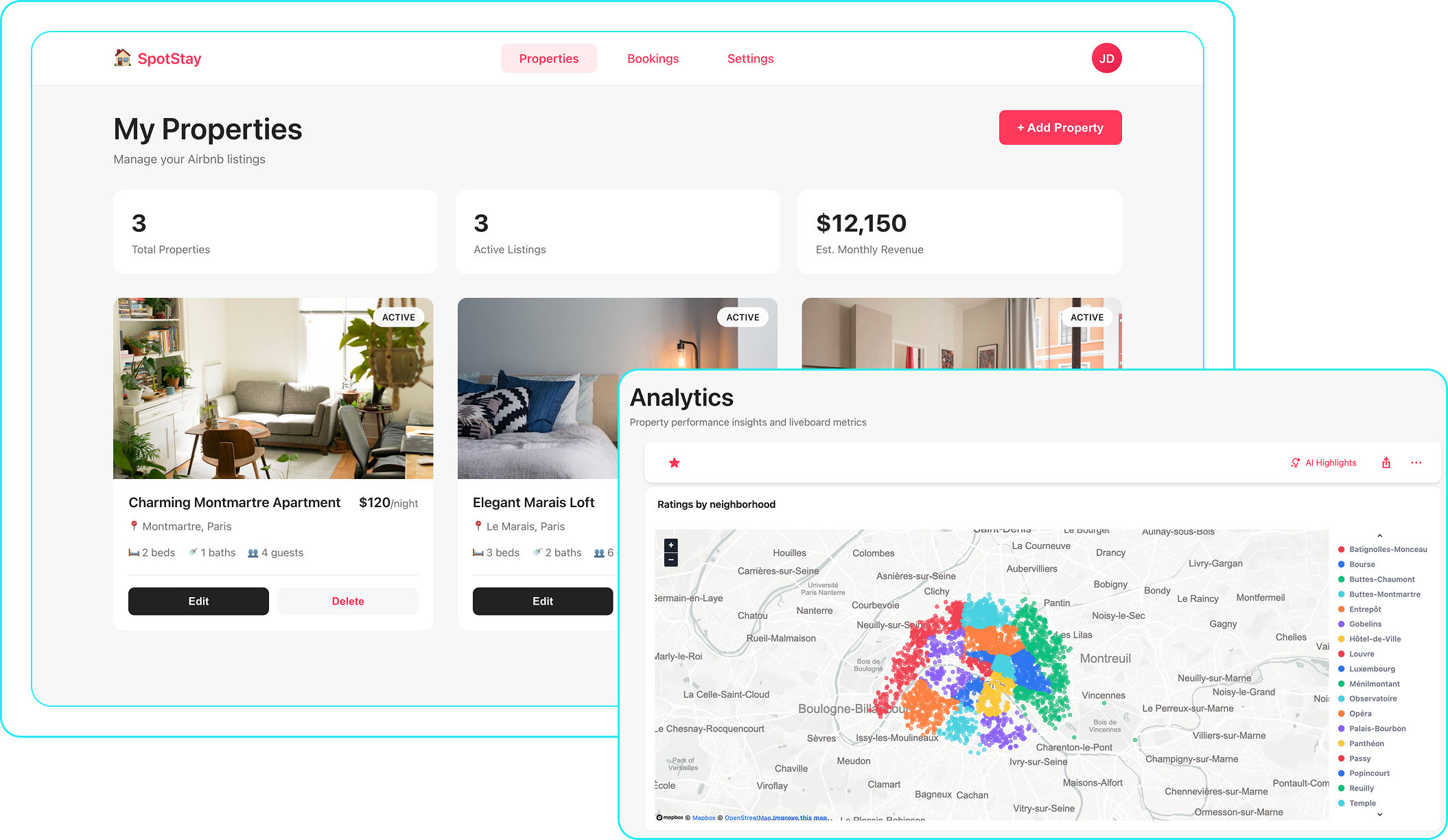 SpotStay property app with an embedded map of ratings by Paris neighborhood