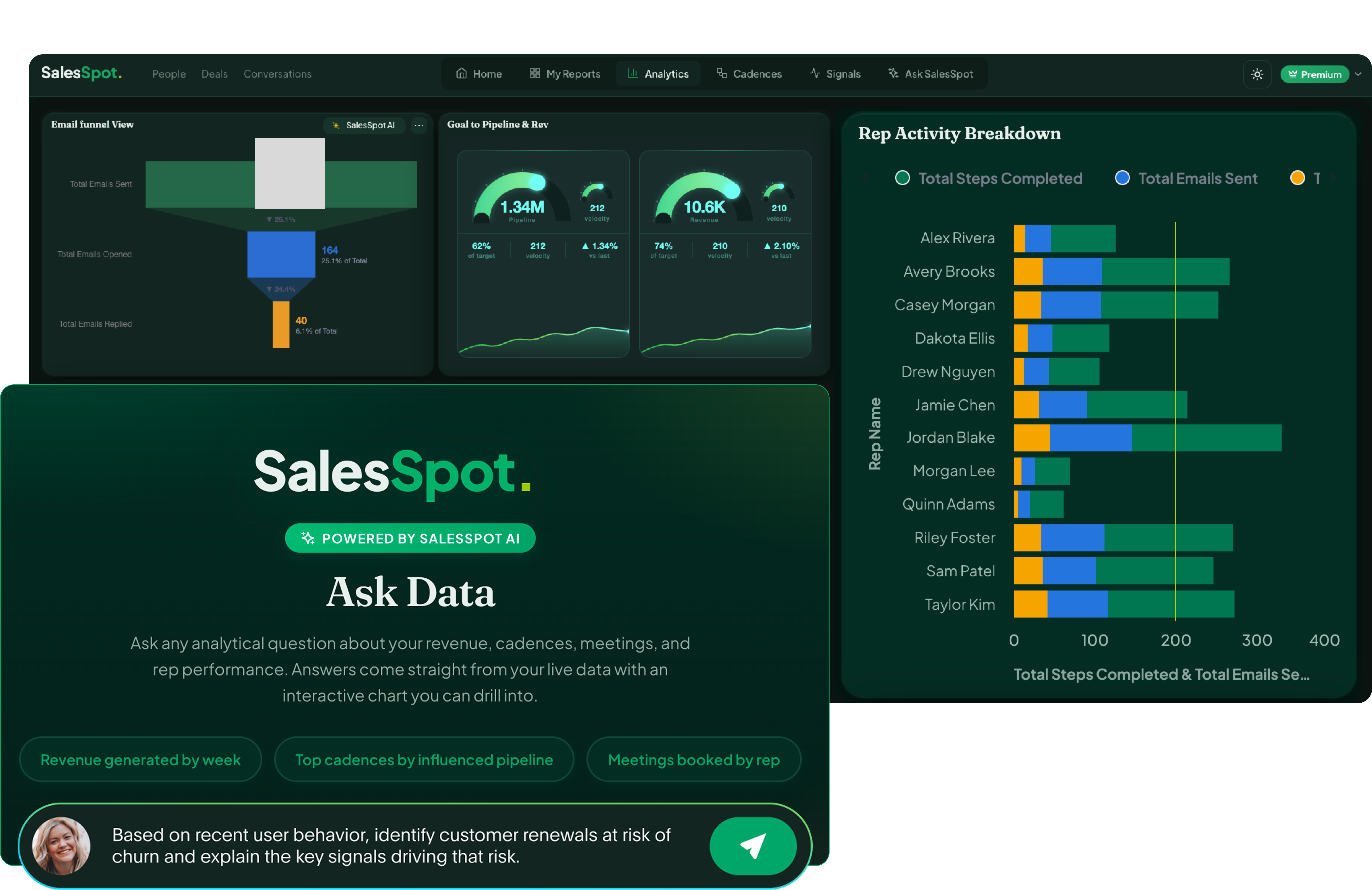 SalesSpot Ask Data experience with a natural-language question and rep activity charts