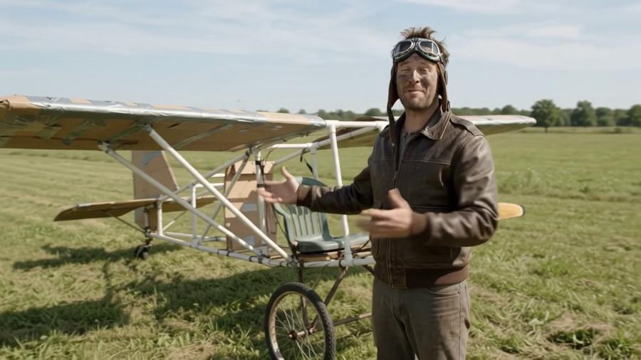 The pilot proudly shows off his homemade plane before takeoff