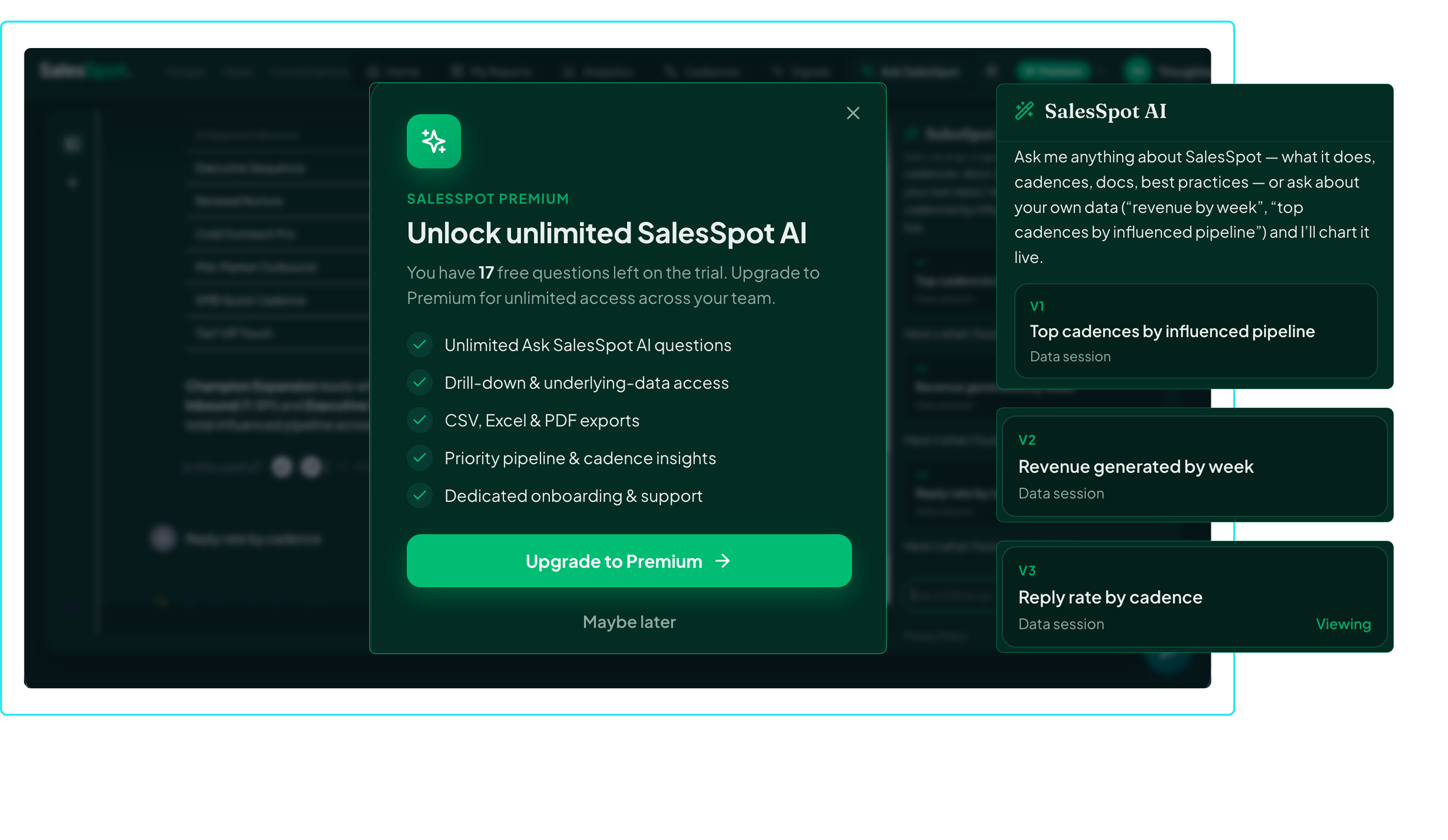 SalesSpot upgrade prompt for unlimited AI questions, next to saved AI data sessions