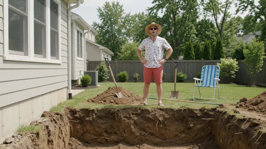 Dave stands proudly next to the backyard pool hole he dug himself