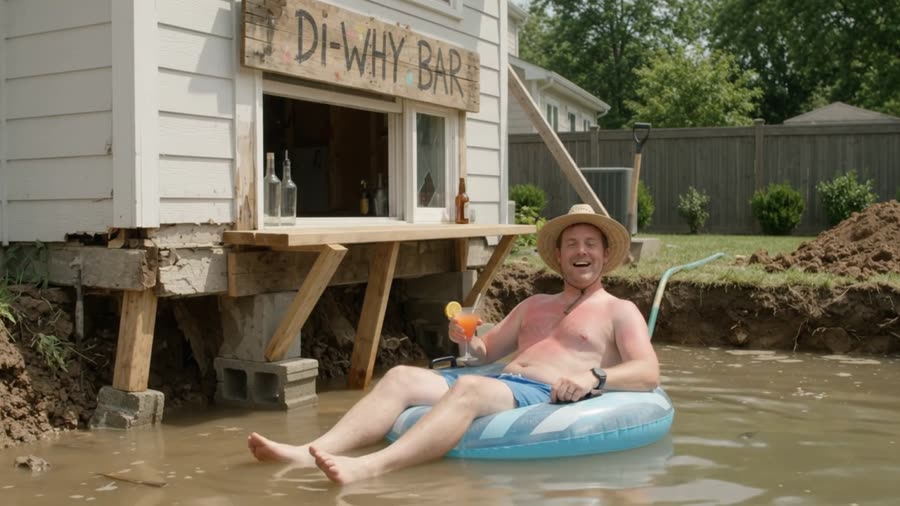 Dave relaxes on a pool float in front of his homemade DI-WHY BAR