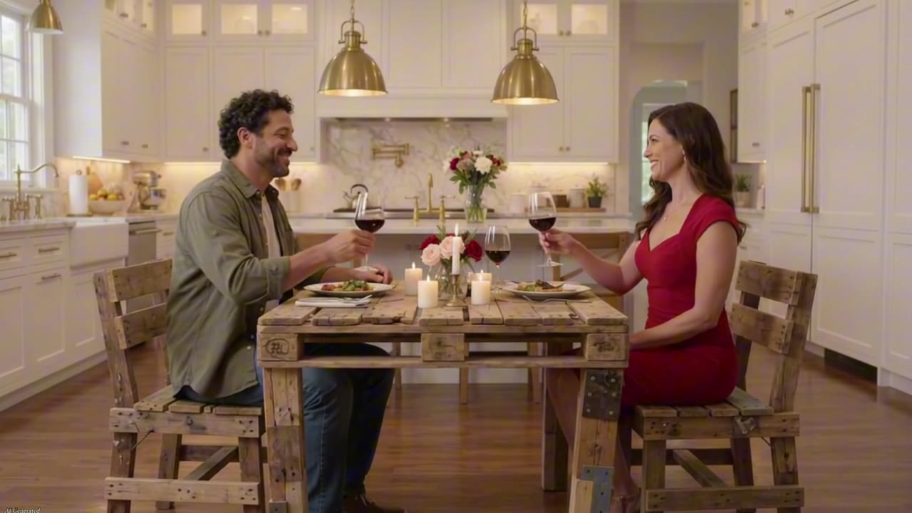 Dave and his wife toast over dinner at the pallet table he built himself