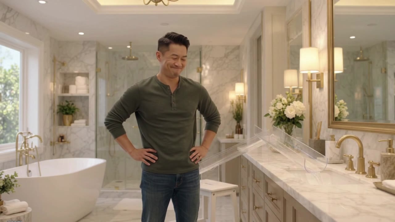 Dave, hands on hips, admires the clear plastic gutter he rigged to divert a ceiling leak into the sink